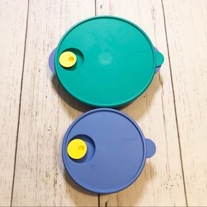 Tupperware blue green and red food storage and strainer containers microwaveable